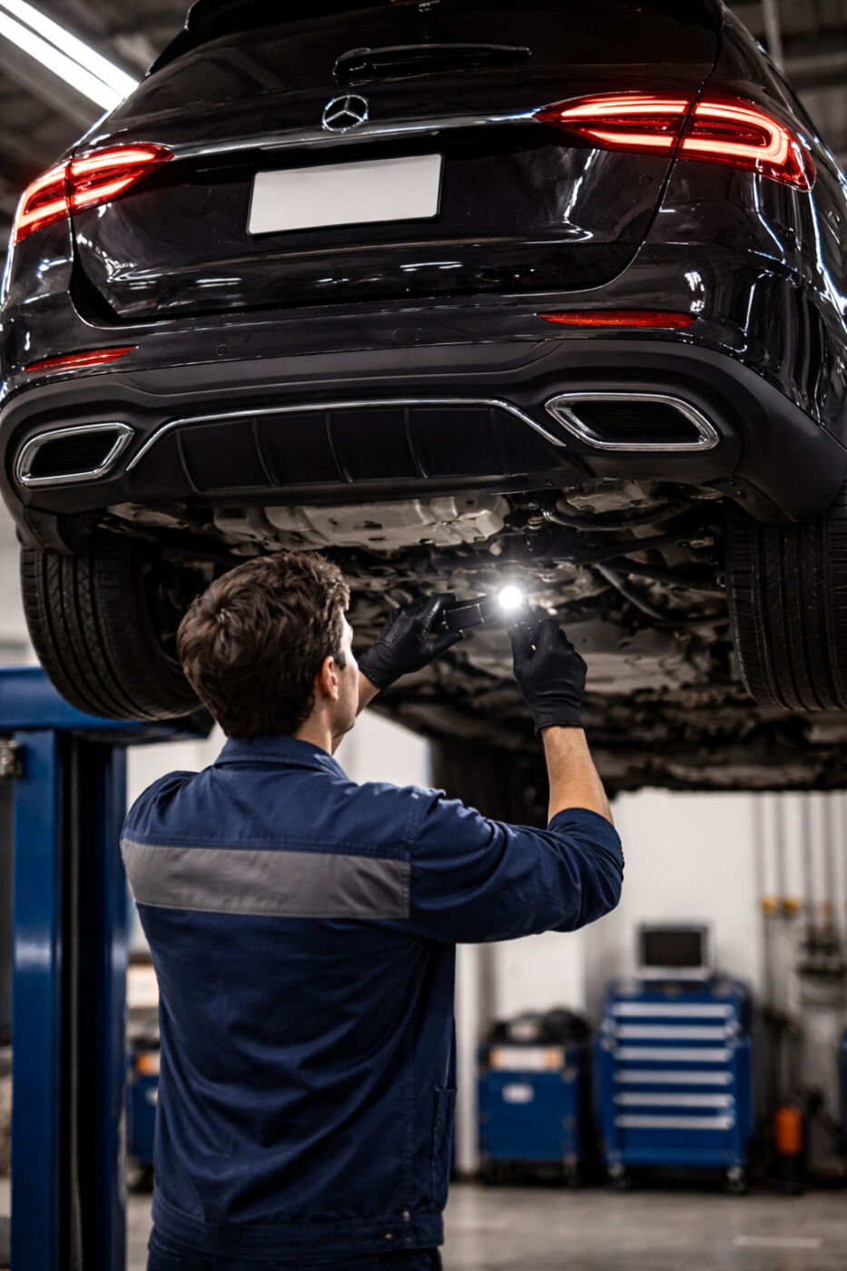 リフトアップされたメルセデス・ベンツ、メカニックによる点検風景