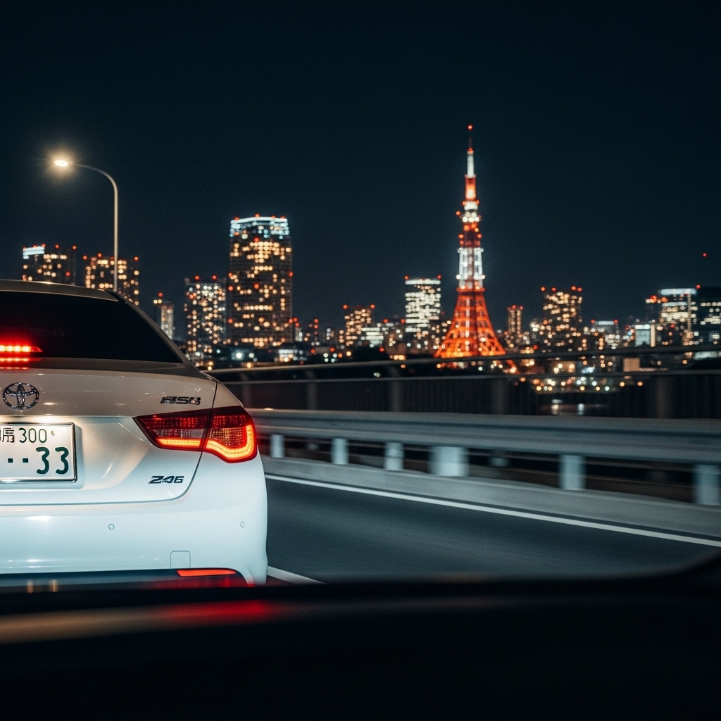 東京の夜景をバックに走る車、次の愛車への乗り換えイメージ