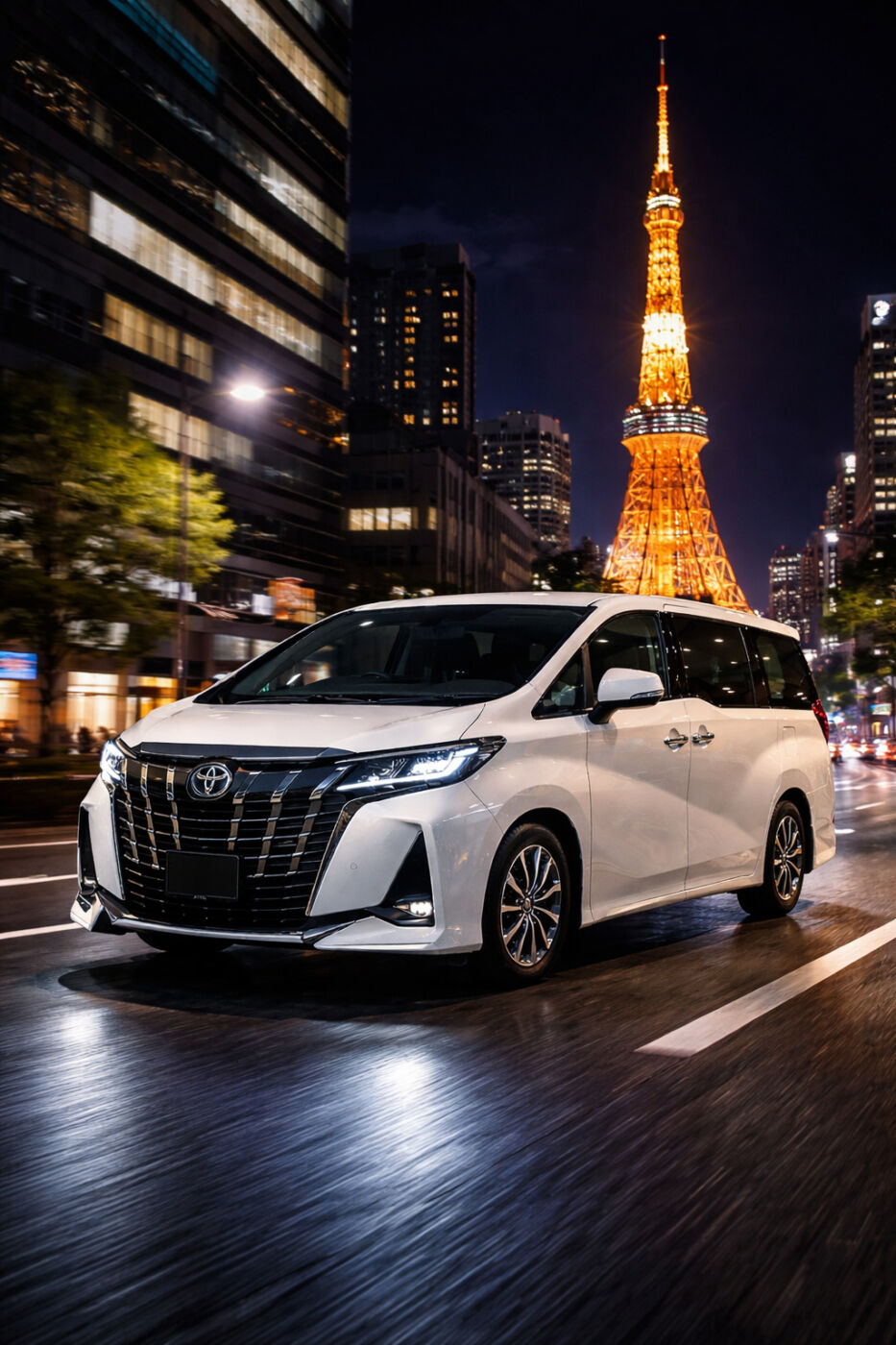 夜の東京タワーを背景に走るトヨタ アルファード 40系、都心オーナーのライフスタイルイメージ
