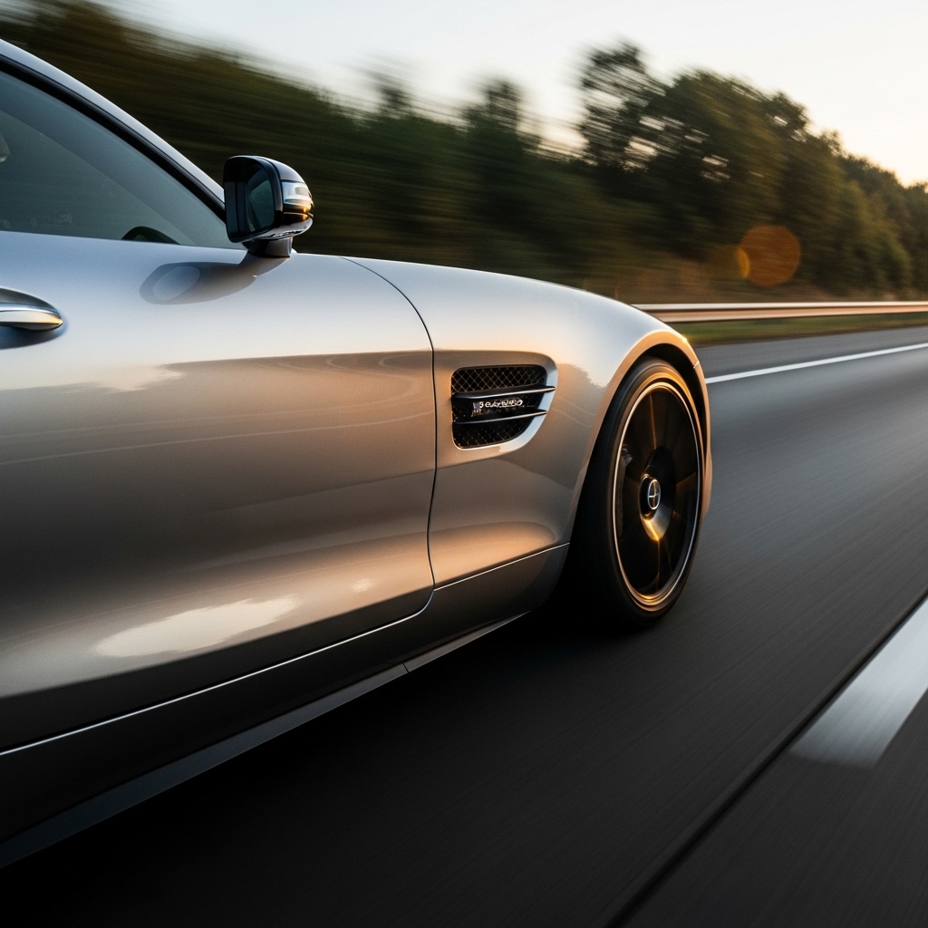 高速道路を走行するメルセデス・ベンツ、空力とコーティングのイメージ